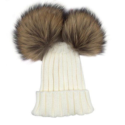 MIOIM Little Girls Wool Knit Hat Raccoon Fur Double Ball Pompom Bobble Ski Cap | Amazon (US)