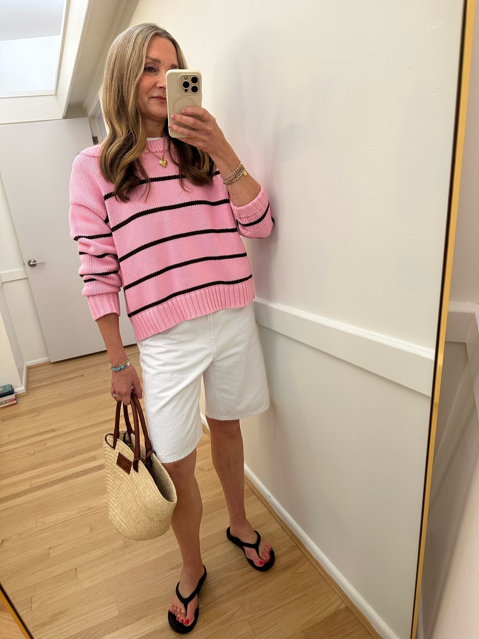 Outfit of the day!☀️
Loving this new pink color in the @Quince  bestselling striped sweater! Wearing a small. 

These are the best white denim jorts! Only $25 from @Target , wearing a 4.

#LTKOver40 #LTKootd #LTKgrwm