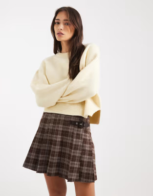 New Look check print buckle mini skirt in brown | ASOS (Global)