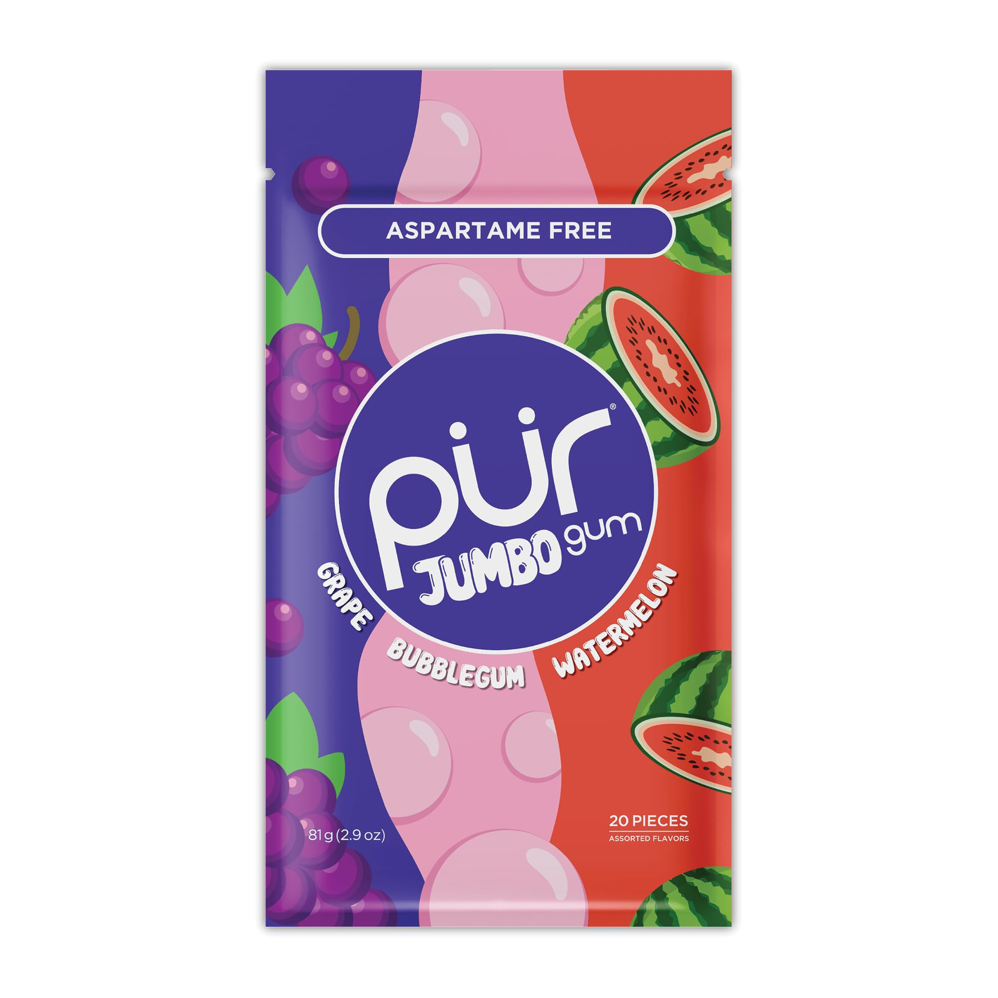 PUR Jumbo Gum | Aspartame Free Chewing Gum | 100% Xylitol | Natural Bubblegum, Grape, Watermelon ... | Amazon (US)