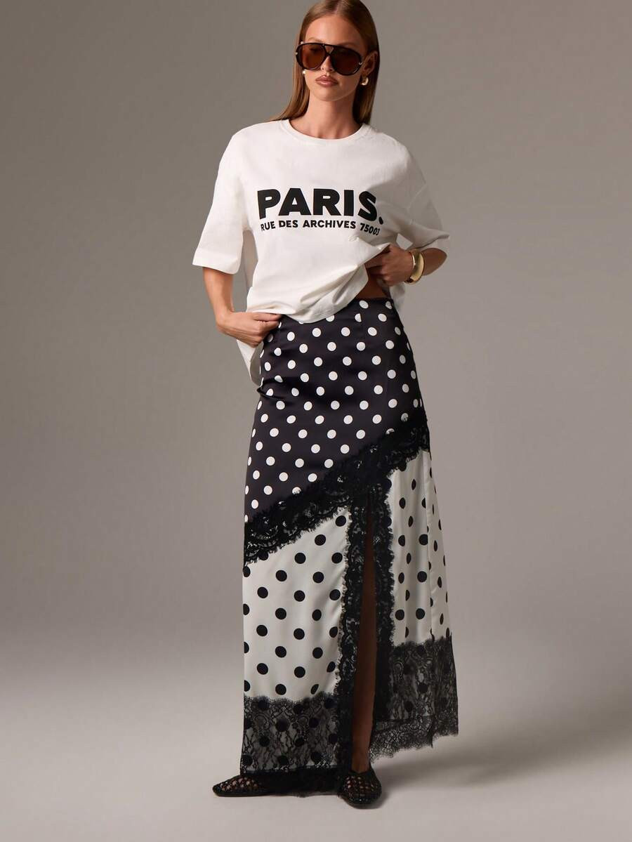 AiiRZ Polka Dot Black White Lace Trim High Waist Side Split Maxi Skirt Elegant Evening Party Occa... | SHEIN