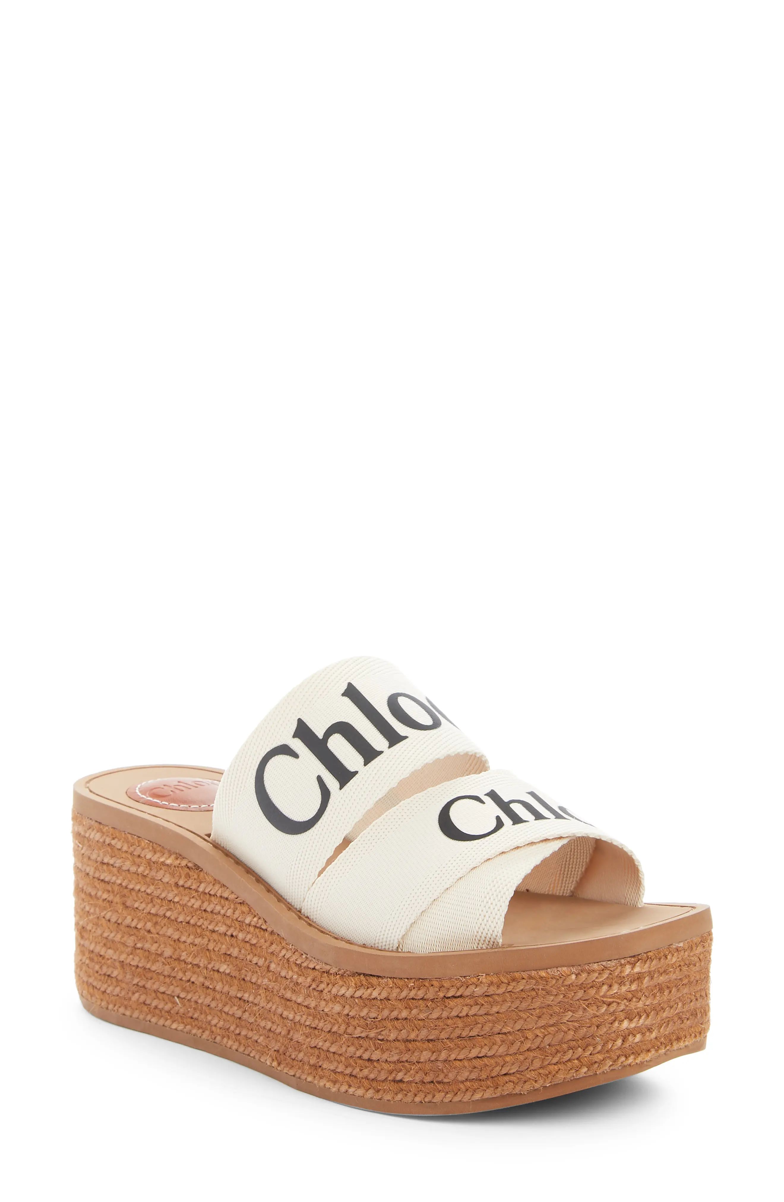 Women's Chloe Woody Logo Espadrille Platform Slide Sandal, Size 5US - White | Nordstrom