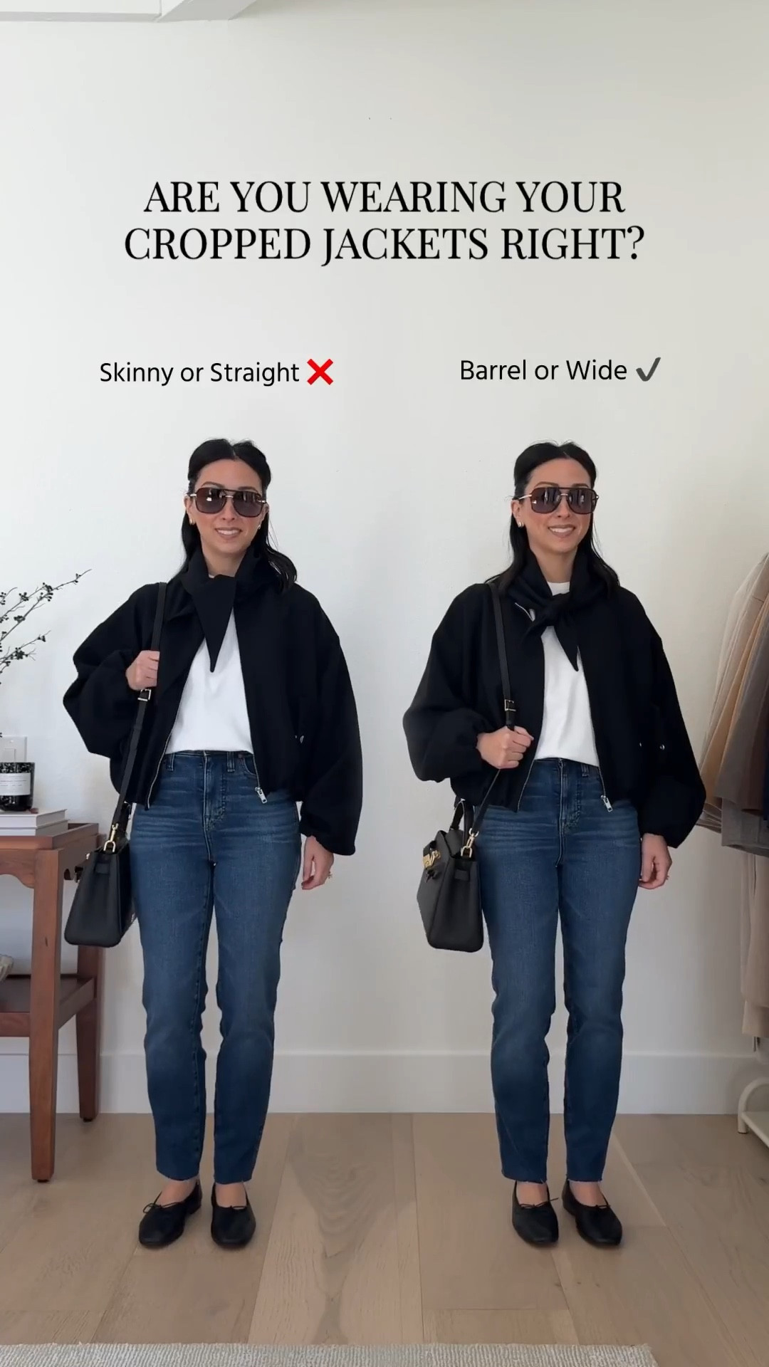 Cropped jackets create a hard horizontal line right at your waist, so they need to be worn with length or volume - full length wide leg, barrel, or anything flowy. 

Zara jacket small - could wear the xs
Madewell tee xs
AGOLDE Luna jeans 25 - cut hems
Everlane Way HIgh Sailor Jeans 25 - cut hems
Everlane Ballet flats 5
Chanel Trendy cc small
YSL Sunglasses
Quince earrings
Dorsey James Necklace 15"

Petite style, spring jackets, spring style 

#LTKPetite #LTKSaleAlert
