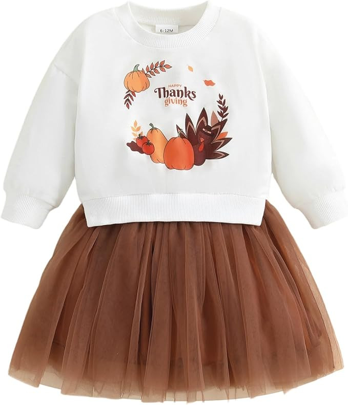 Toddler Baby Girl Thanksgiving Outfit Turkey Letter Printed Long Sleeve Dress Mesh Tulle Clothes | Amazon (US)