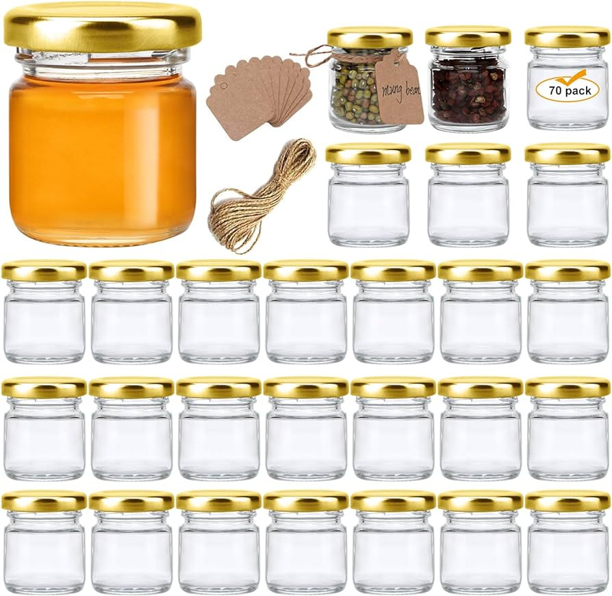 Encheng 1.5oz Mini Glass Jars Bulk Set of 70,Round Small 45ml Honey Jars with Golden Lids,Clear M... | Amazon (US)