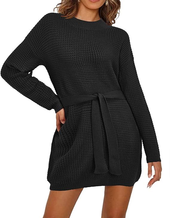 KILIG Women Long Sleeve Sweater Dress Tie Waist Casual Crewneck Loose Knit Pullover Sweater | Amazon (US)