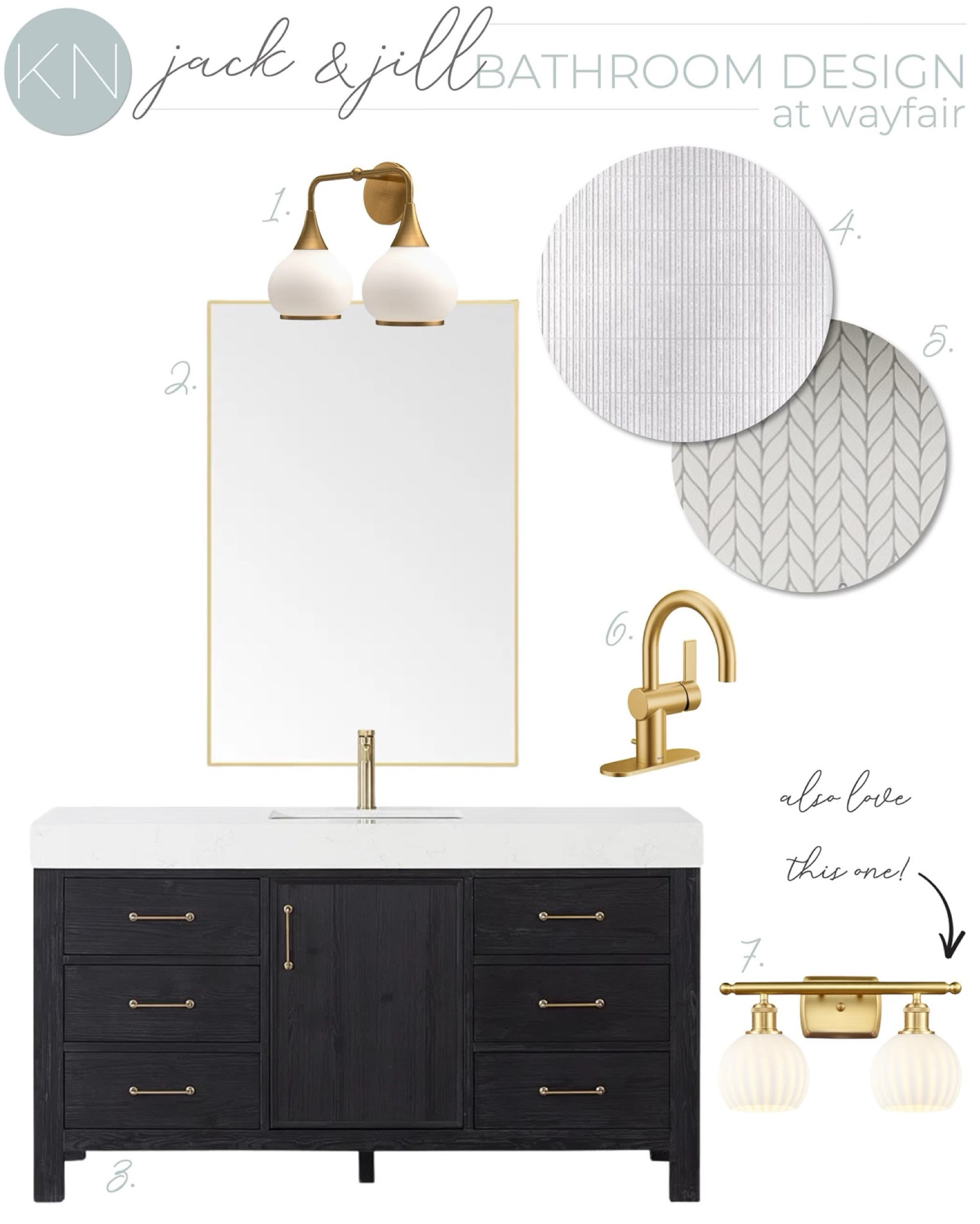 Our Jack and Jill bathroom is due for an update and this is a possible design plan I created. This plan features a black vanity, two double-light sconce options and my favorite rectangular mirror. home decor bathroom decor bathroom makeover bathroom tile faucet bathroom lighting Wayfair find#LTKStyleTip

#LTKHome