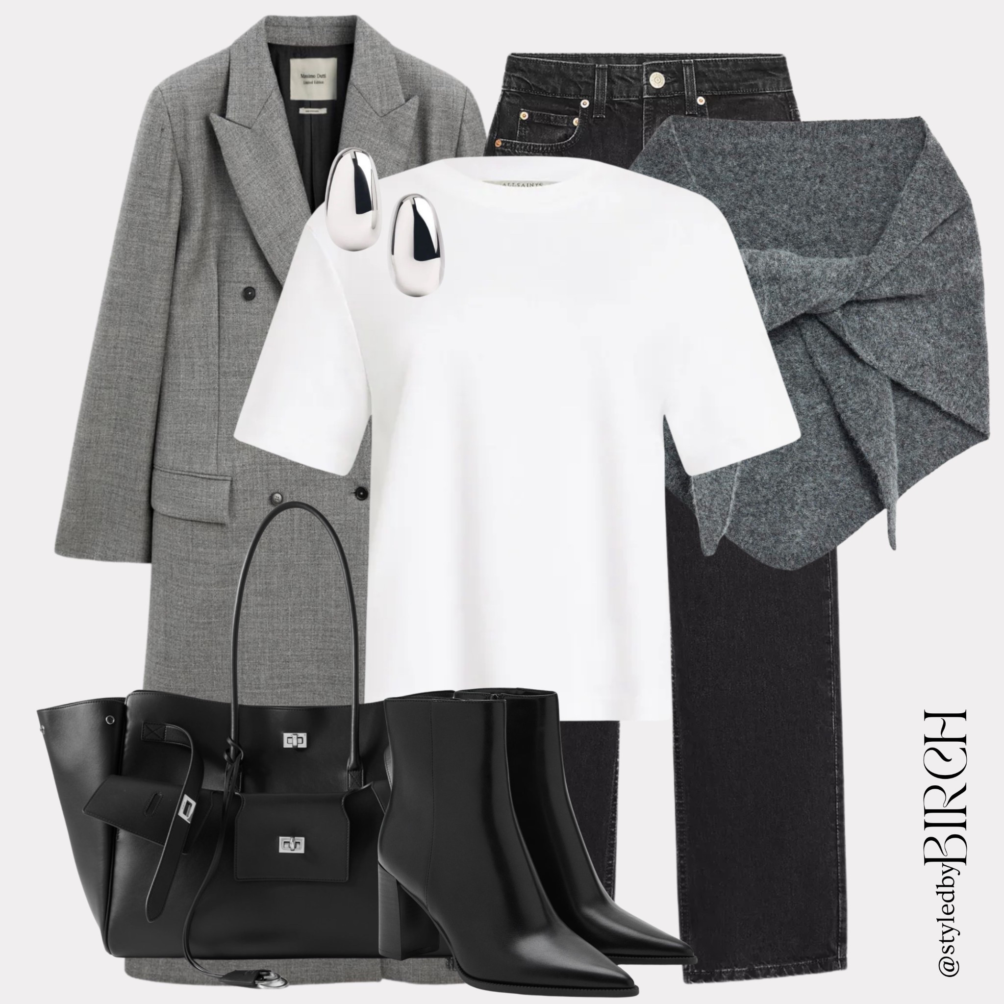 The art of layering in fall is key and this outfit is a simple yet effective example of how to build warmth and structure without overthinking it. ✨🤎🍂🧥

Grey tailored double-breasted coat, White structured short-sleeve tee, Dark wash straight-leg jeans, Charcoal knit wrap scarf, Black leather heeled ankle boots, Black structured tote bag, Silver sculptural drop earrings


#LTKwinter #LTKmidsize #LTKuk