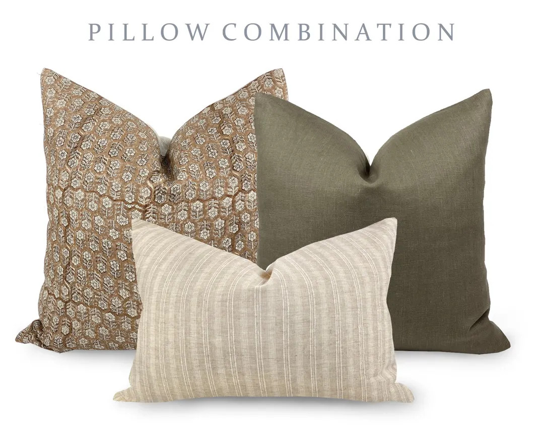 PILLOW COMBO | Warm Neutrals, Camel Floral Pillow, Green Pillow, Cream Stripe Pillow, Pillow Comb... | Etsy (US)