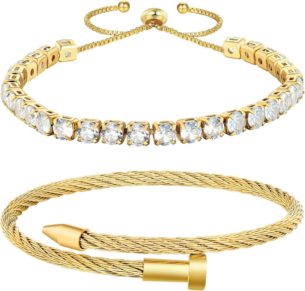 18K Gold Plated Nail Bracelet Set, Adjustable Stackable Bangles for Women, Trendy Jewelry Hand Ch... | Amazon (US)