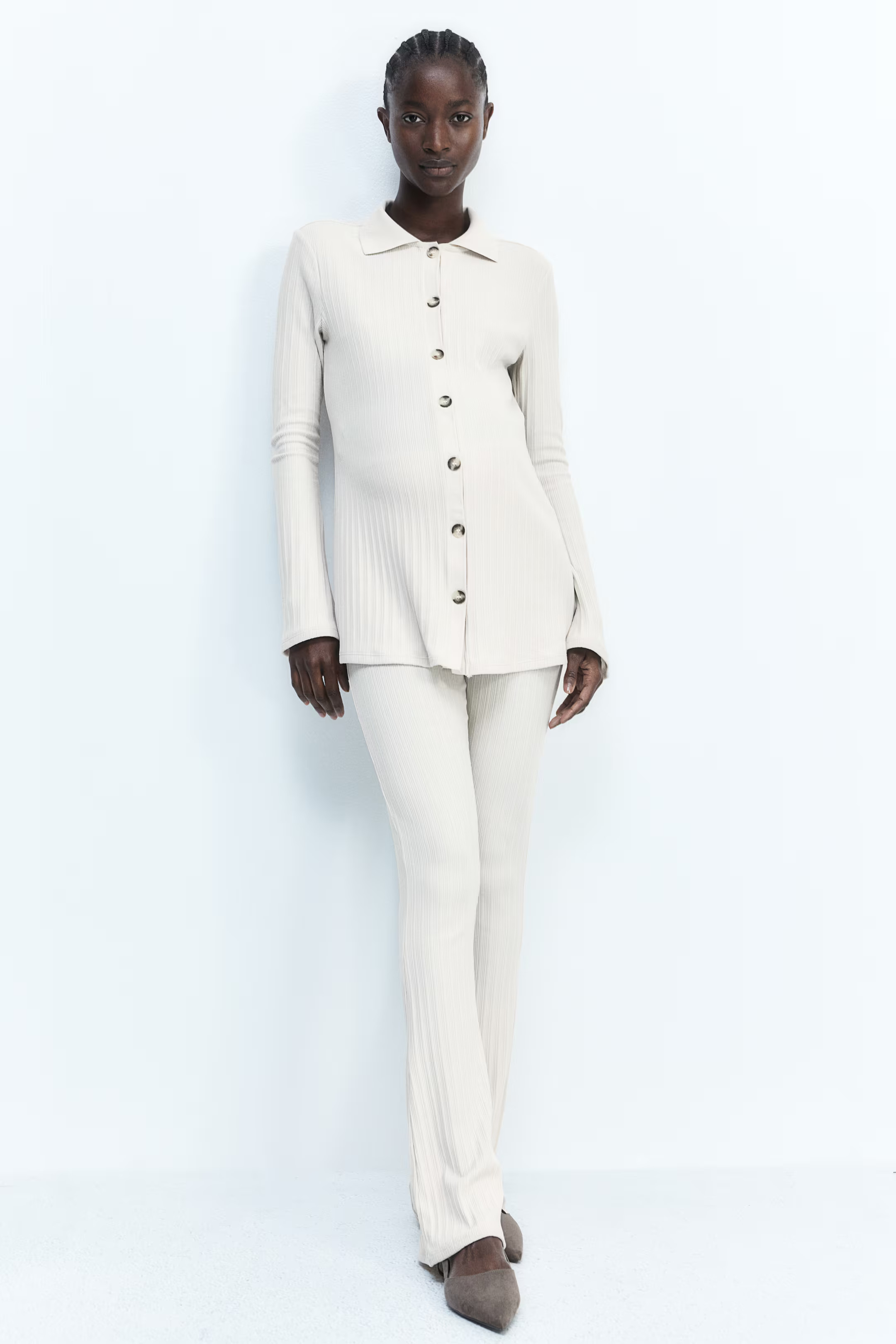 MAMA 2-piece Ribbed Set - Long sleeve - Long - Light beige - Ladies | H&M US | H&M (US + CA)
