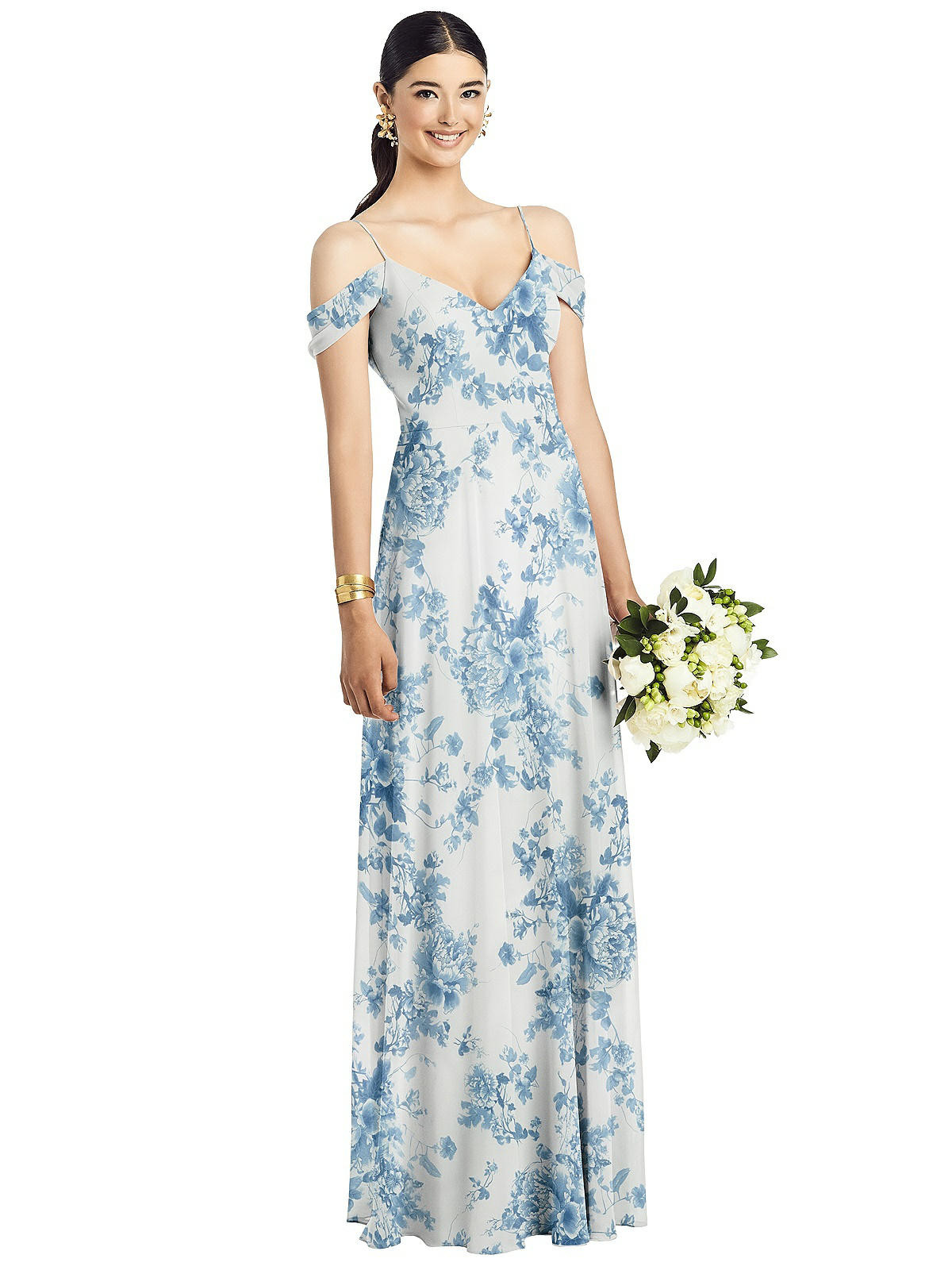 Cold-Shoulder V-Back Chiffon Maxi Dress | The Dessy Group