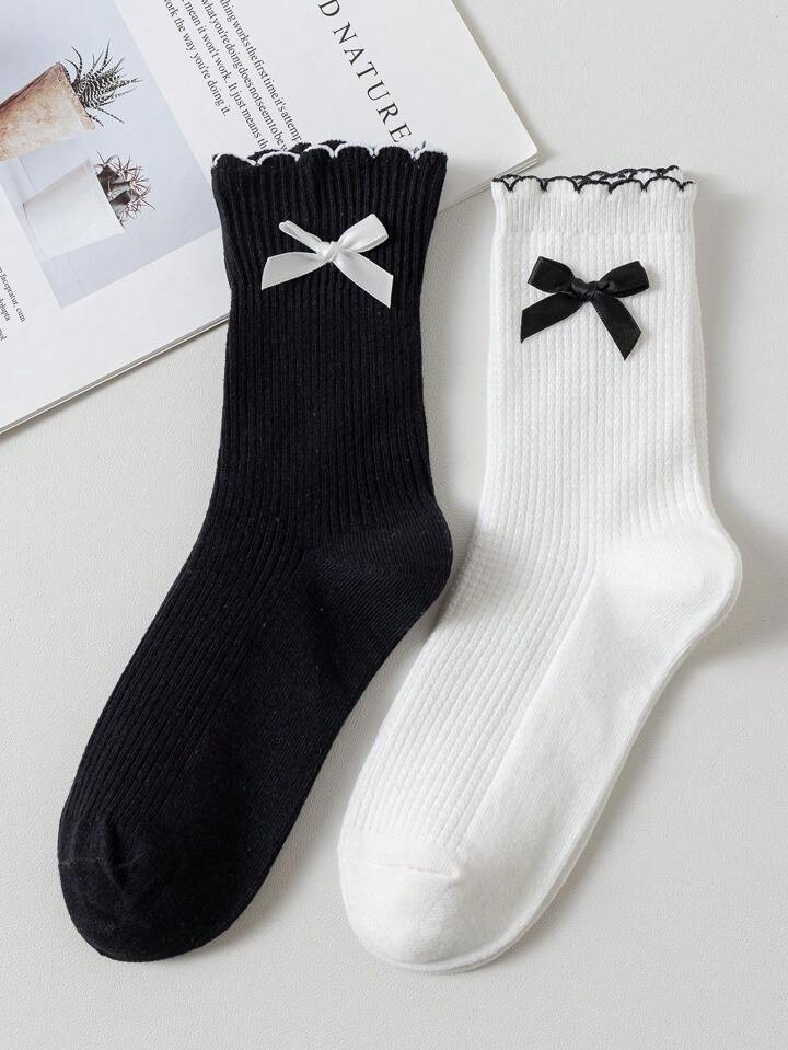 2pairs/set Ladies' Black & White Striped Mid-calf Socks With Bowknot & Scalloped Edges, Suitable ... | SHEIN