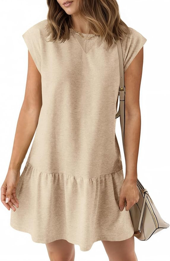 Wenrine Womens Summer T Shirt Dress Casual Short Cap Sleeve Ruffle Hem Crewneck Loose Mini Dresse... | Amazon (US)