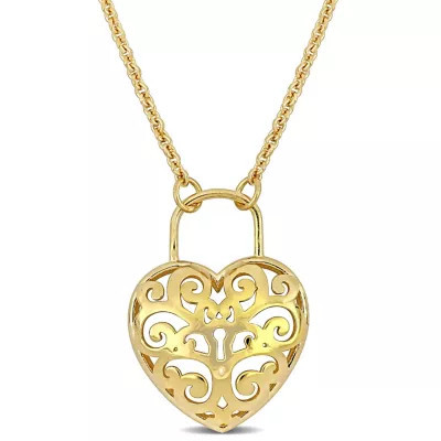 Belk & Co Heart Lock Charm Pendant with Chain in 18K Yellow Gold Plated Sterling Silver | Belk