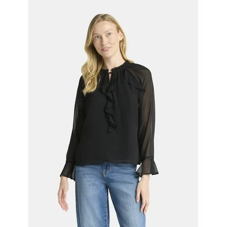 Time and Tru Women's Ruffle Blouse with Long Sleeves, Sizes XS-XXXL | Walmart (US)
