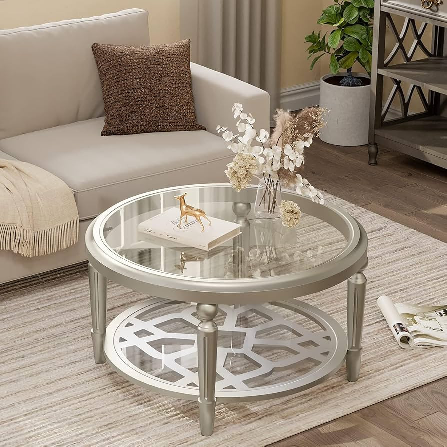 COSIEST Round Coffee Table, MDF Sofa Table with Storage Open Shelf, Double-Tempered Glass Living ... | Amazon (US)