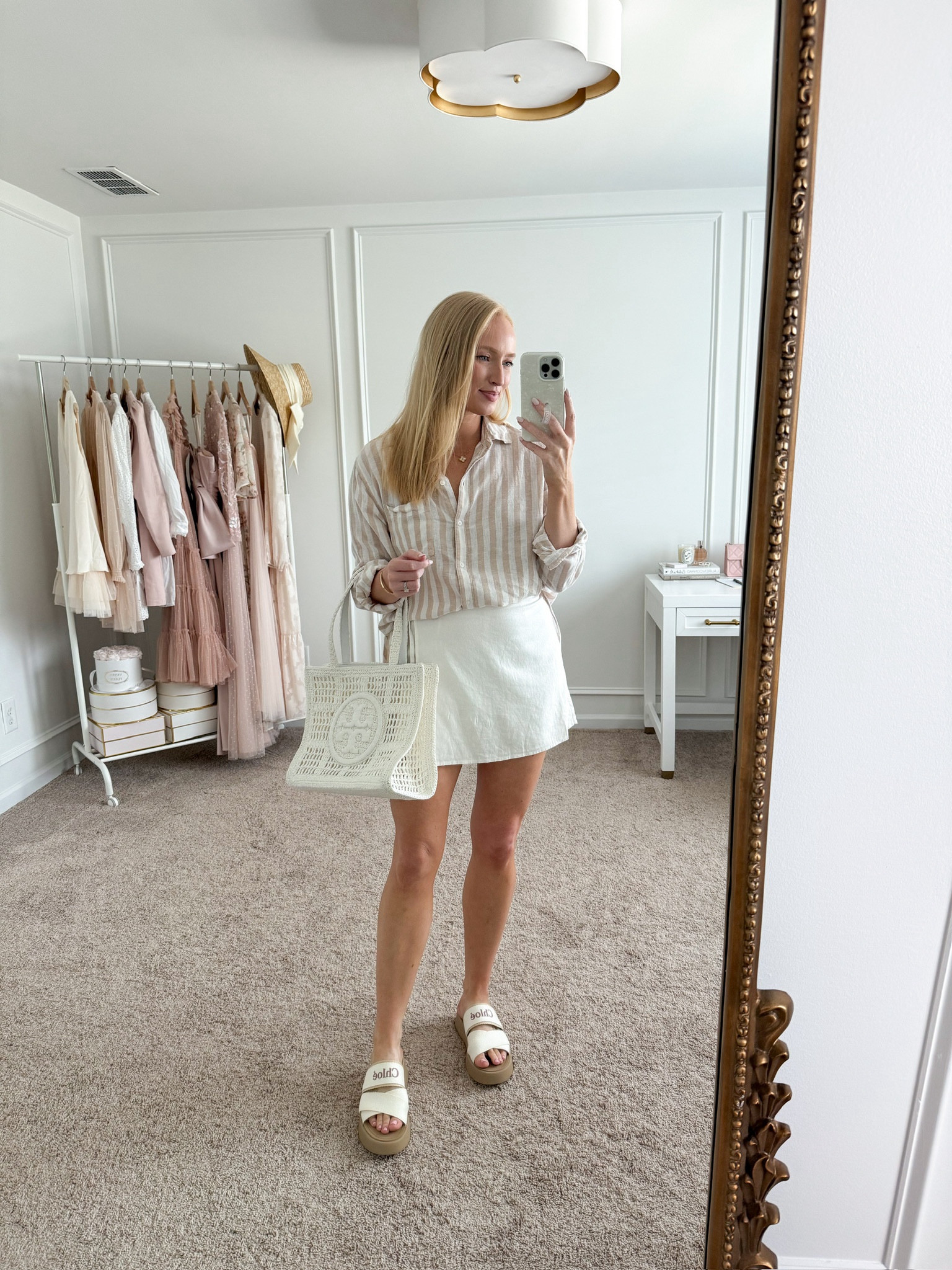 Such a cute but comfortable outfit for a day of shopping! I did a little front tuck with my button down top to elevate the look slightly! Summer outfits // linen outfits // neutral outfits // casual outfits // brunch outfits // daytime outfits // Old Navy finds // Old Navy fashion 

#LTKFindsUnder50 #LTKStyleTip #LTKSeasonal