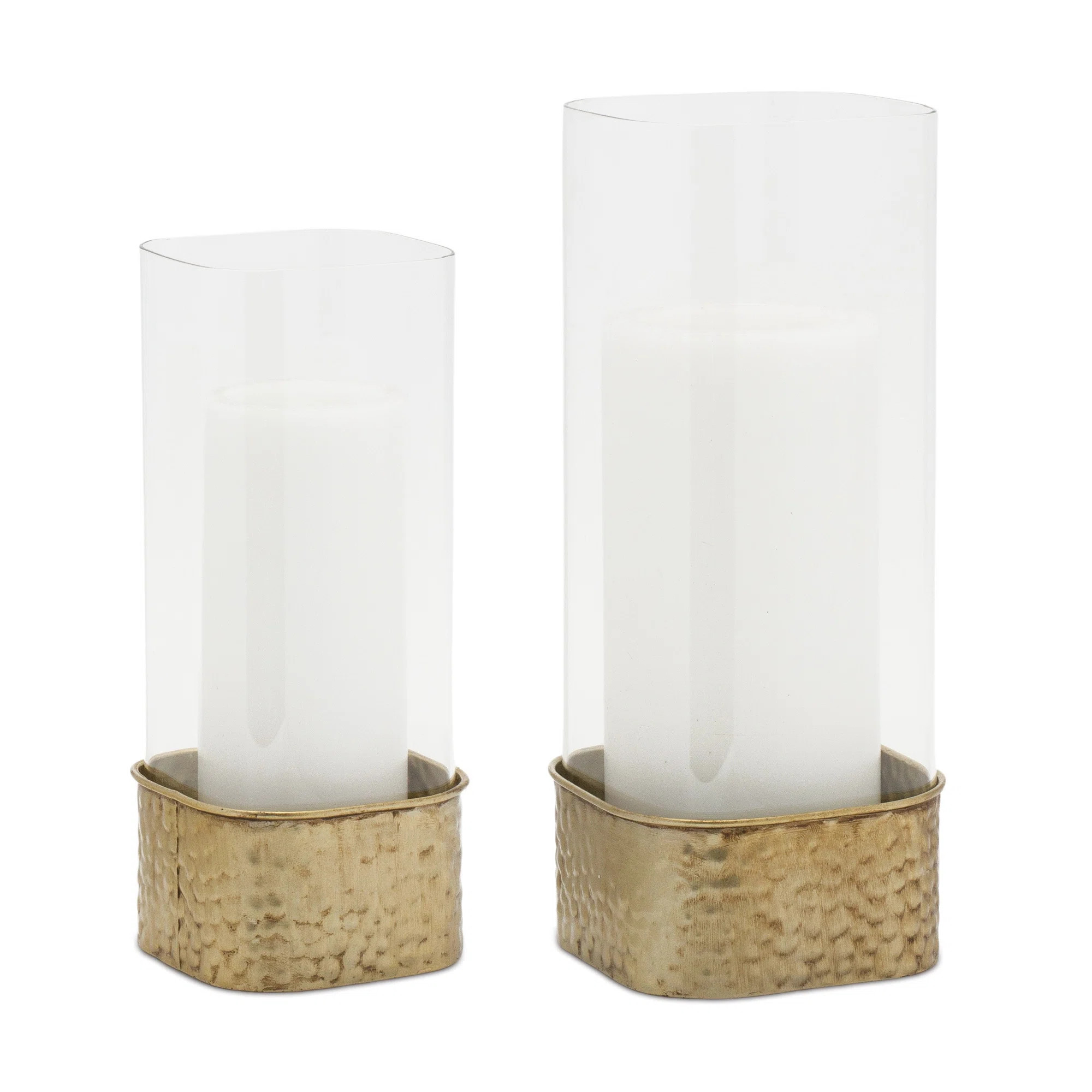 Set of Two Clear And Gold Hammered Glass And Metal Tabletop Hurricane Candle Holders | Wayfair North America