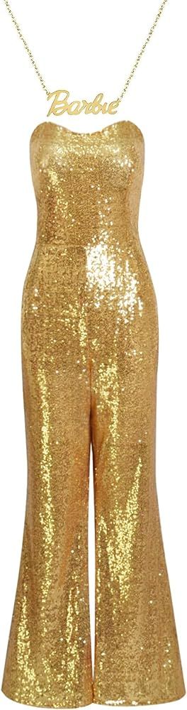 WanXiaoFeng Margot Robbie 70s Hippie Disco Outfit Gold Jumpsuit Flare Pants Cowgirl Cowboy Costume H | Amazon (US)
