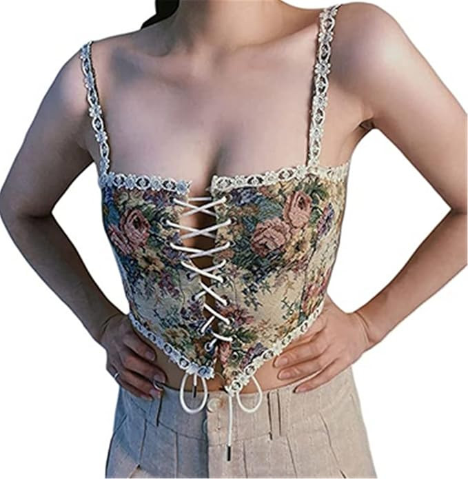 Women Sexy Corset Vintage Vest Floral Print Bodycon Spaghetti Straps Lace Up Bandage Jacquard Flo... | Amazon (US)