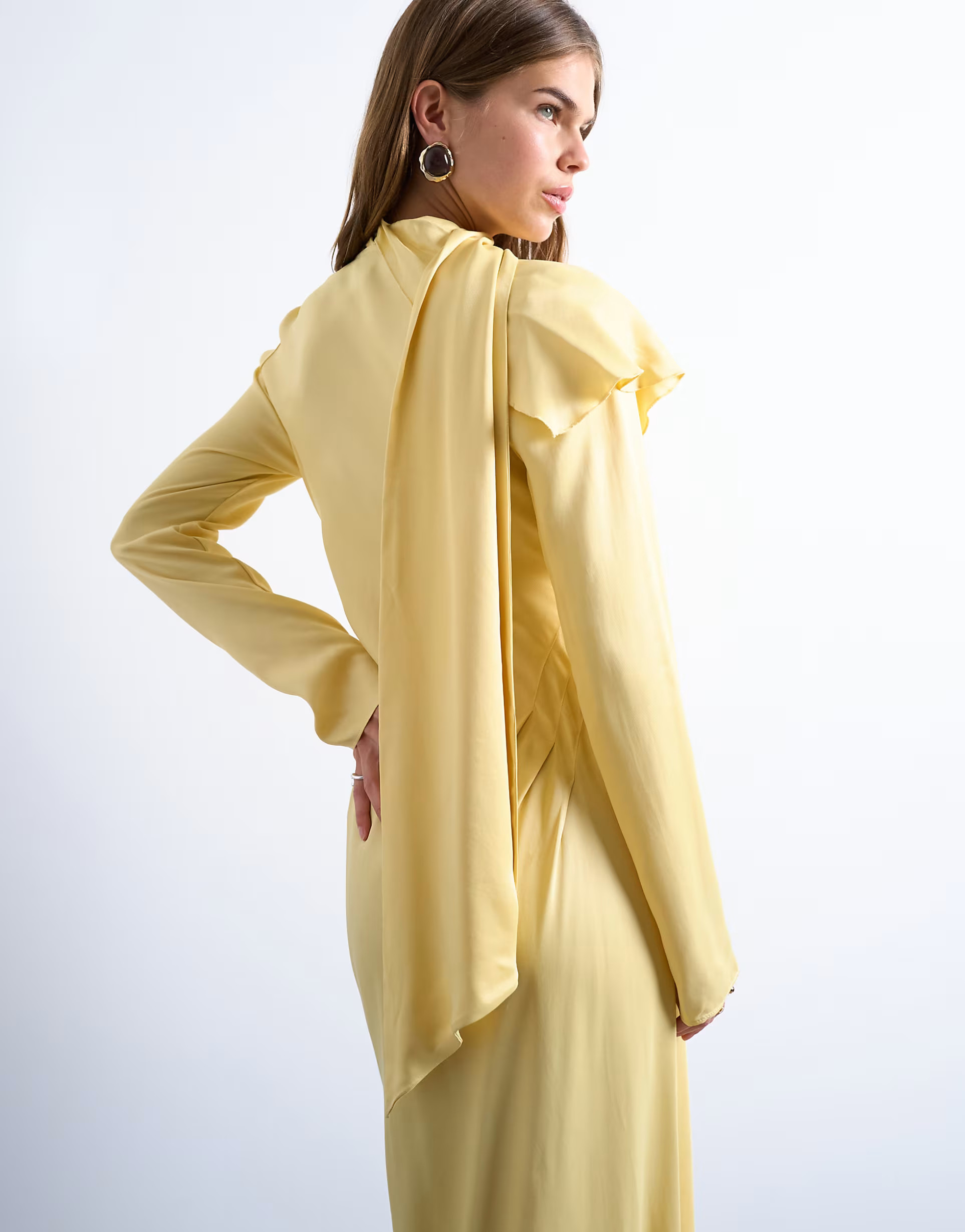 Topshop long sleeve ruffle maxi dress with scarf wrap detail in buttermilk | ASOS | ASOS (Global)