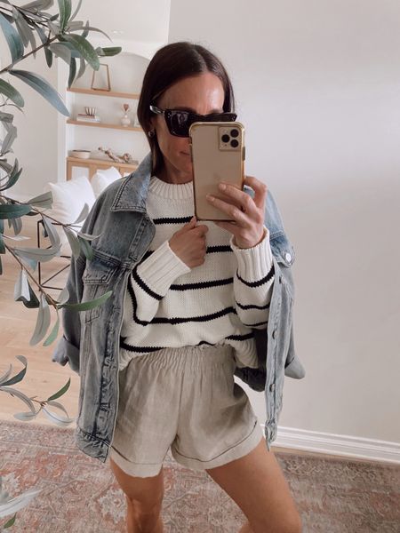 Spring essentials 
Oversized denim jacket 
Striped cotton sweater (SHANNONP15 for 15% off) 
Favorite linen shorts for the past 4 years- the new version has pockets! 

#LTKstyletip