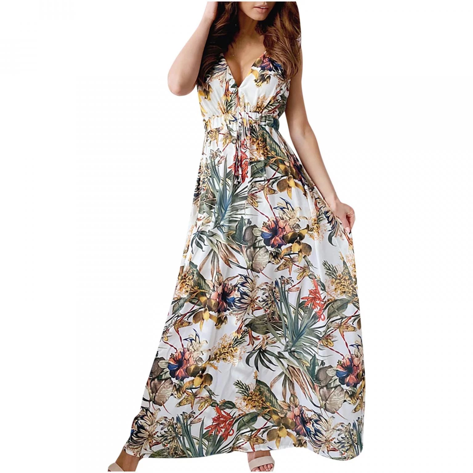 Bidobibo Womens Summer Maxi Dresses Tropical Print Beach Dresses V-Neck Sleeveless High Waist Lac... | Walmart (US)