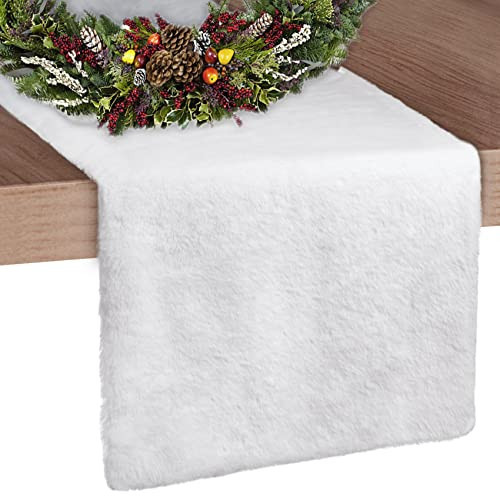 Christmas Table Runner, Faux Fur Table Runner Winter Snowy Soft Elegant White Table Runner for Christmas Table Decorations Bed Cabinet Shelf | Amazon (US)