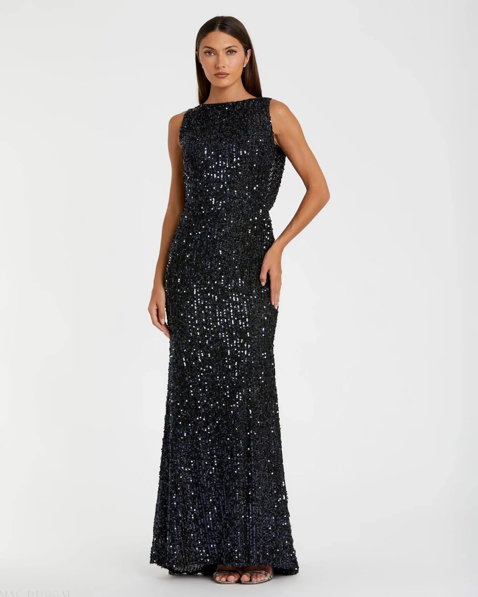 Navy Cowl Back Boat Neck Sequined Evening Gown | Mac Duggal | Mac Duggal