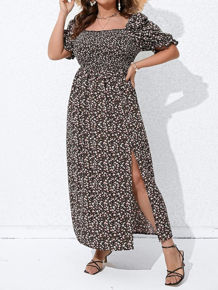 Floerns Women's Plus Size Floral Print Tie Front Square Neck Slit Hem Midi Dress | Amazon (US)