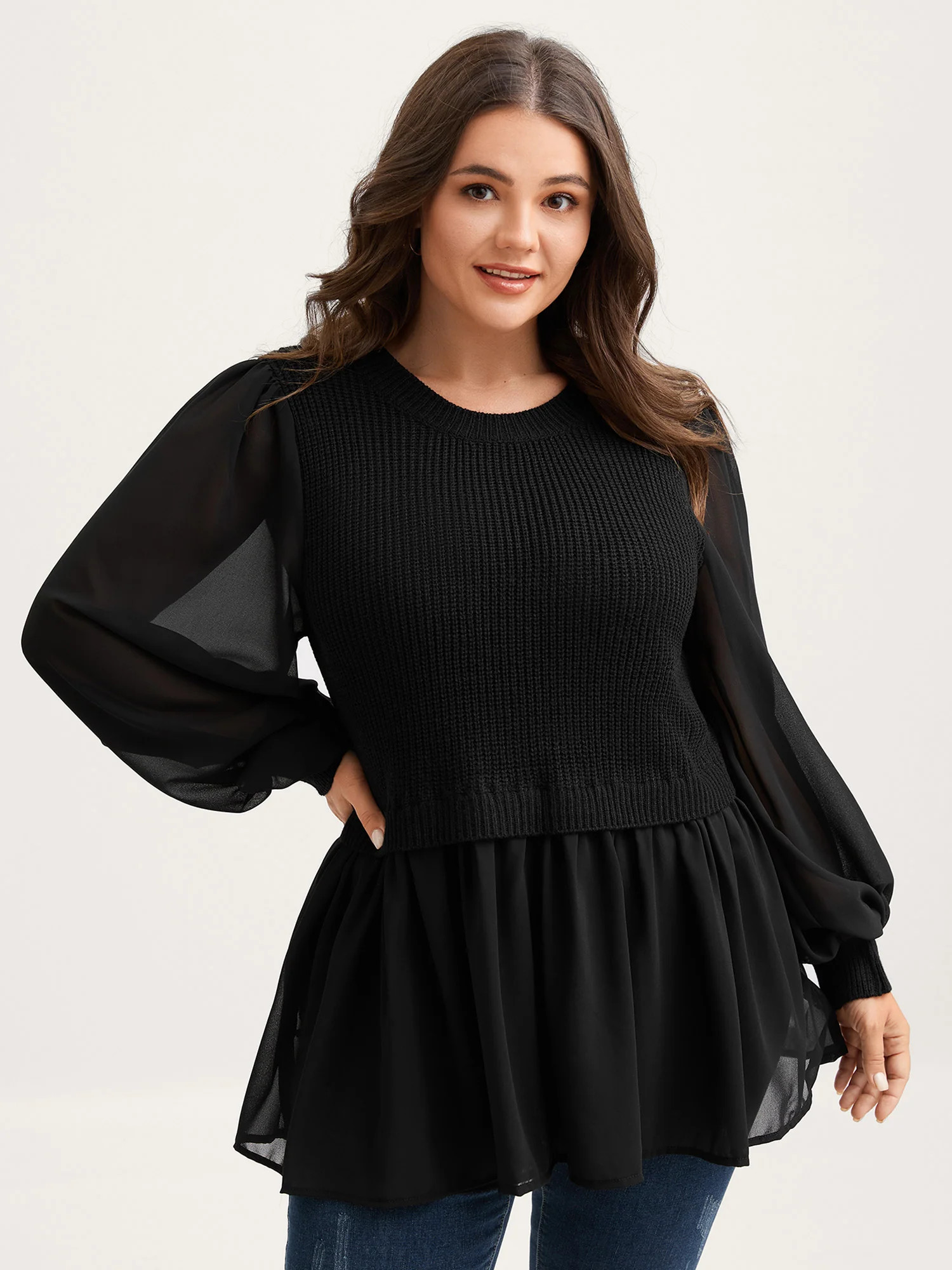 Balloon Sleeve Solid Twofer Sweater | Bloomchic