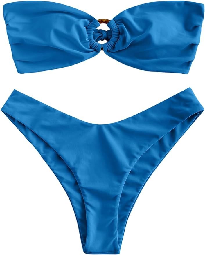 ZAFUL Women's Bandeau Bikini O Ring Strapless Tie Back High Cut Two Piece Swimsuit Bathing Suits | Amazon (US)