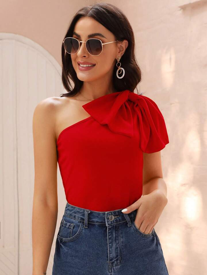 SHEIN Privé One Shoulder Bow Detail Solid Top | SHEIN
