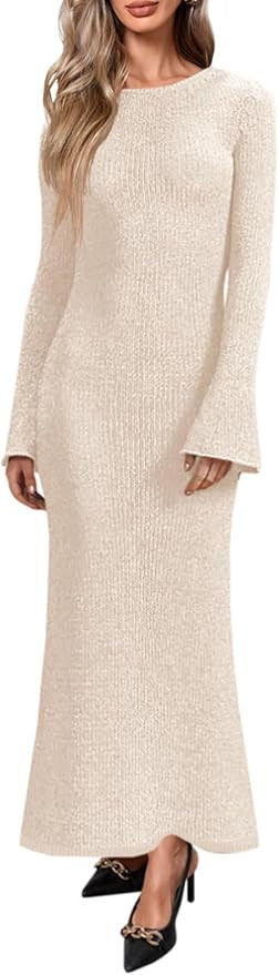 Yousify Womens Bell Long Sleeve Maxi Dress Casual Crewneck Knit Slim Fit Flowy Sweater Dresses | Amazon (US)