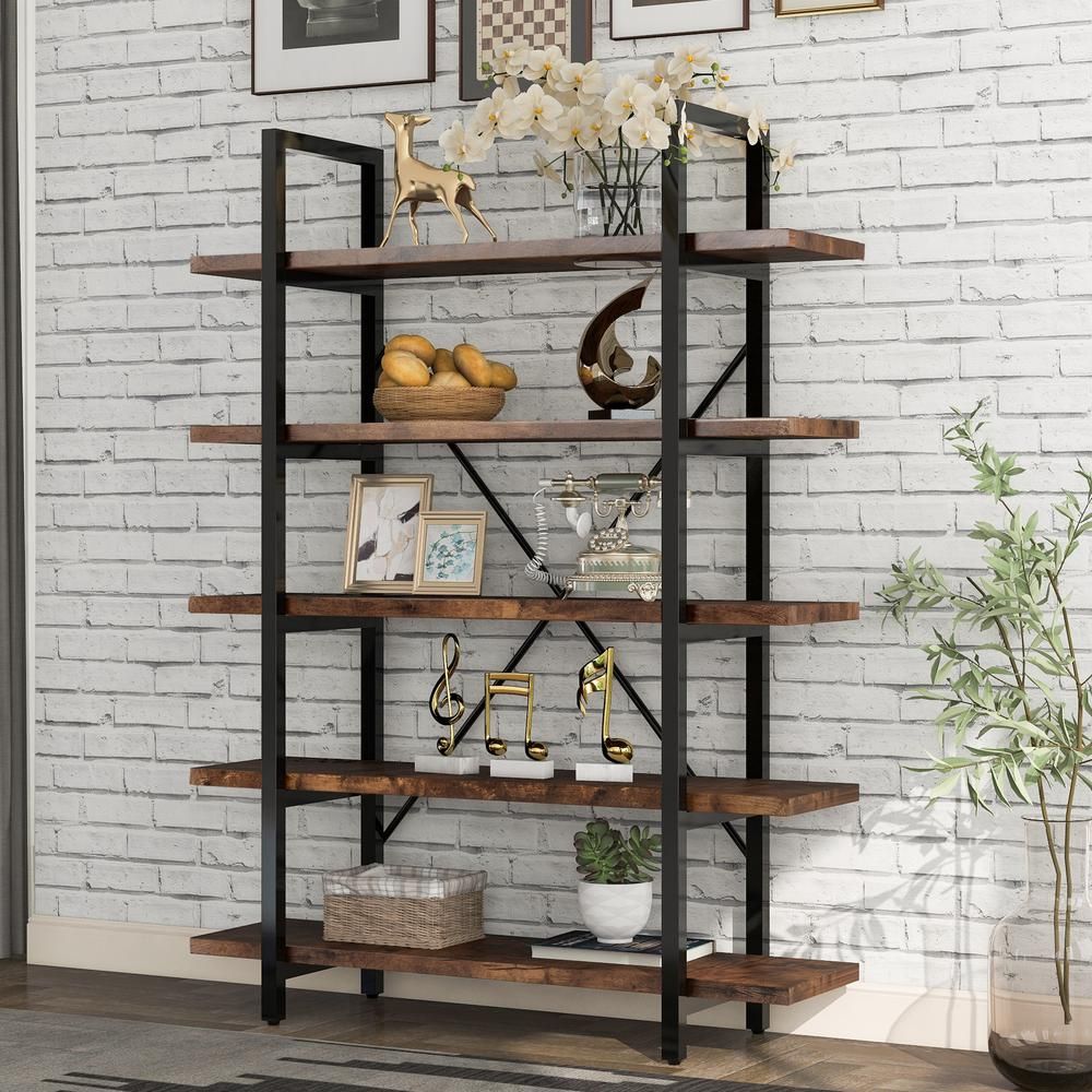GODEER 63.00 in. Distressed Brown 5-Shelf Industrial Bookcase with Rustic Wood and Metal Frame, Larg | The Home Depot