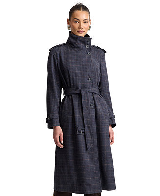 Women's Plaid Funnel Neck Belted Trench Coat | Macy's