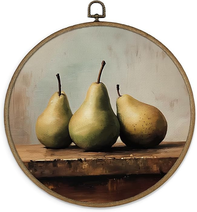Gnmduw Vintage Moody Pear Wall Art Framed, Rustic Pear Fruit Round Hanging Wall Decor, Farmhouse ... | Amazon (US)
