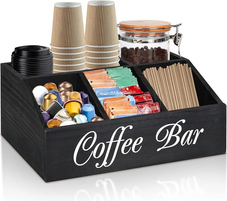 ugiftt Coffee Station Organizer for Counter, Wood Coffee Pods Holder Storage Basket, Coffee and T... | Amazon (US)