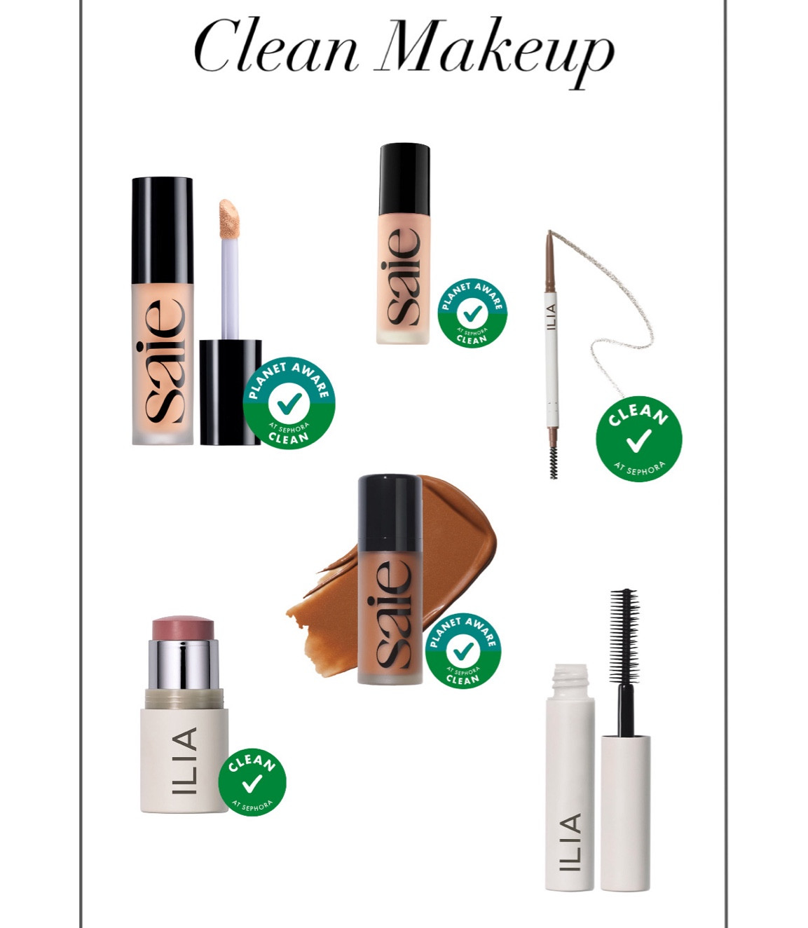 Clean makeup swaps by Ilia & Saie. Everything from bronzer, concealer, eyebrow pencil, to mascara. 

#LTKFindsUnder50 #LTKBeauty #LTKGiftGuide