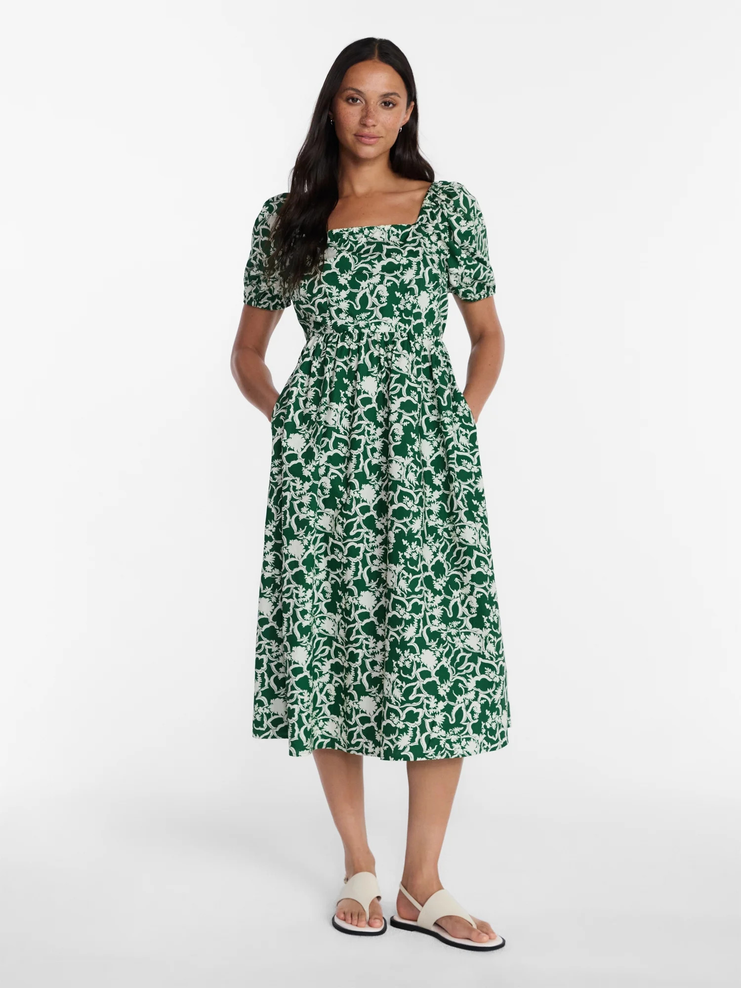 Time and Tru Women's Tie Back Cotton Midi Dress with Short Puff Sleeves, Sizes XS-XXXL | Walmart (US)