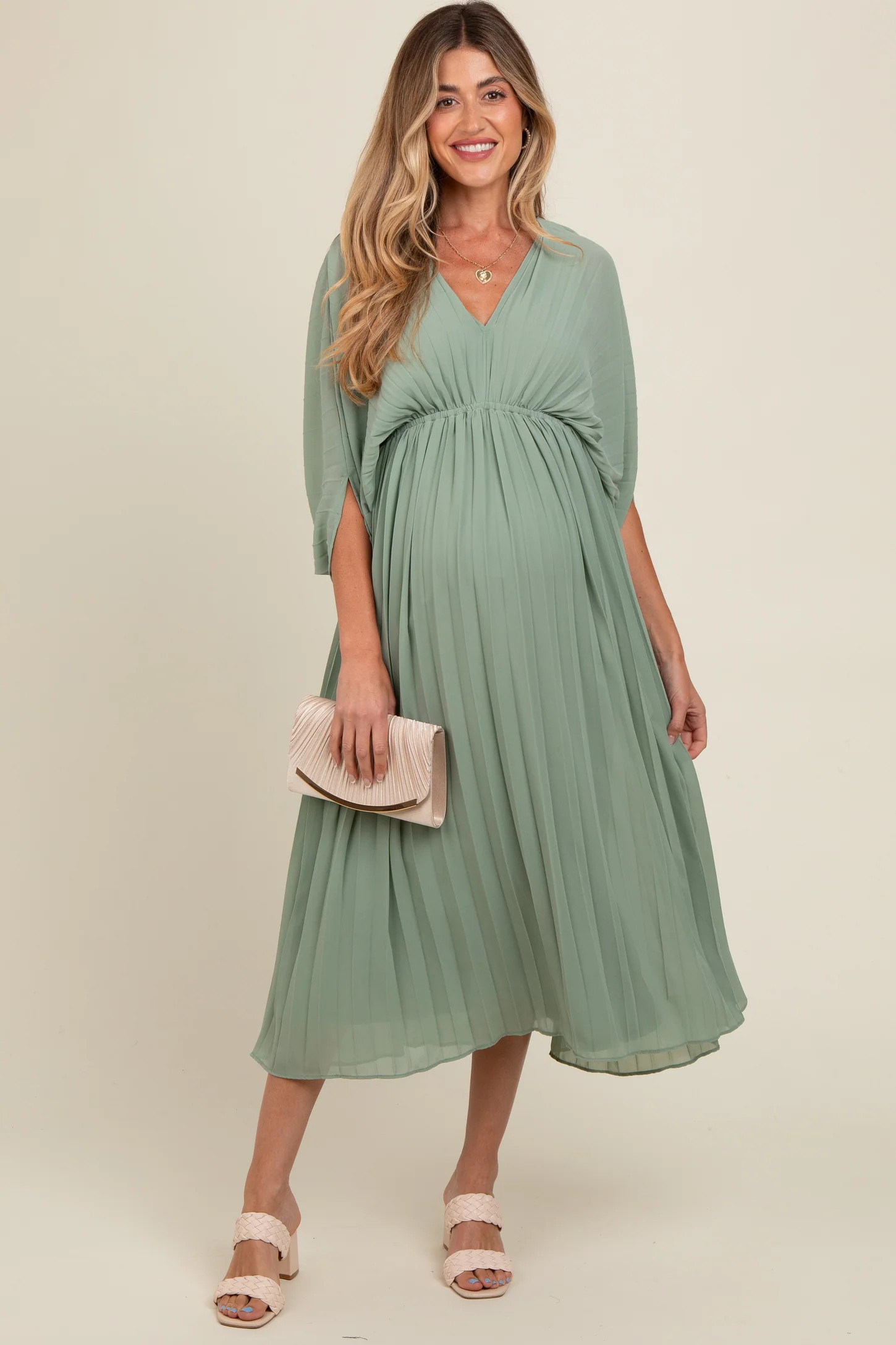 Light Olive Pleated V Neck Maternity Maxi Dress | PinkBlush Maternity