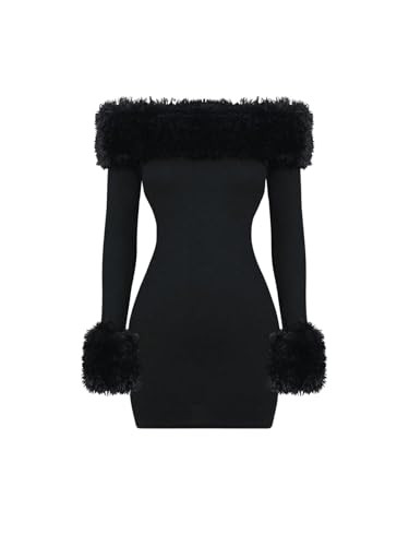 SOLY HUX Women's Bodycon Mini Dress Off The Shoulder Contrast Faux Fur Long Sleeve Dresses | Amazon (US)