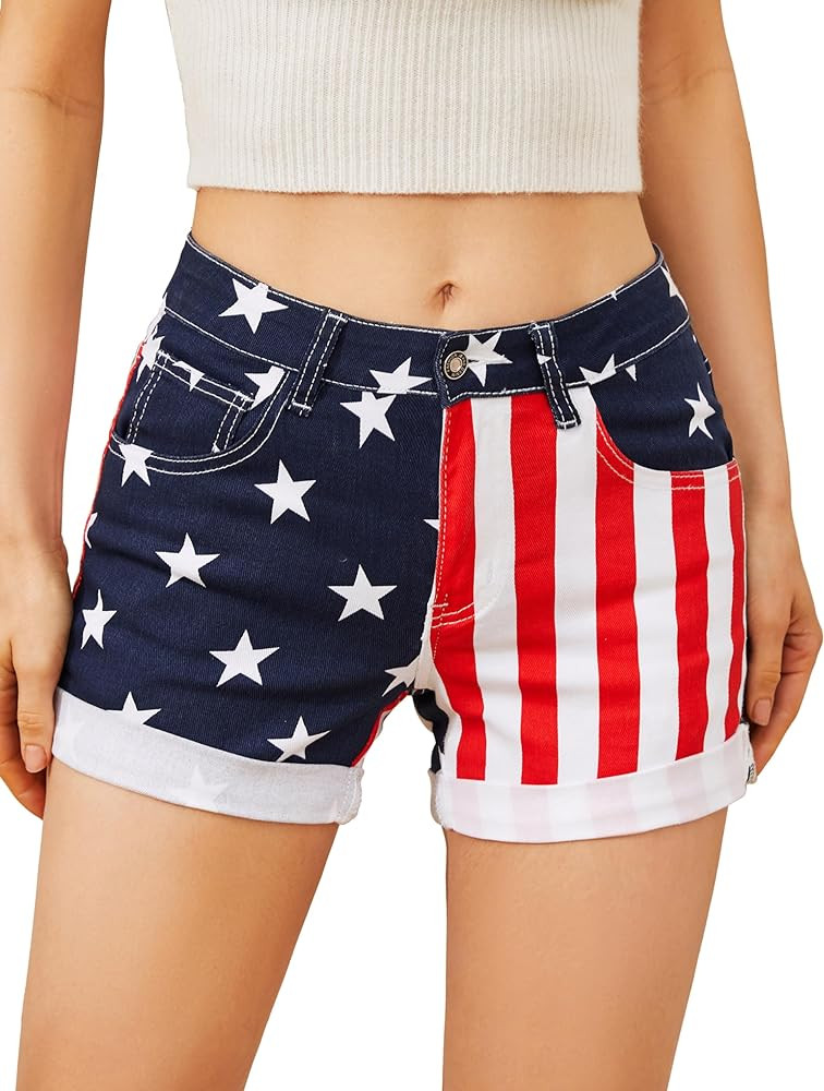 4th of July Gifts Jean Shorts Womens American Flag Jorts 4" Stretchy Denim Shorts | Amazon (US)
