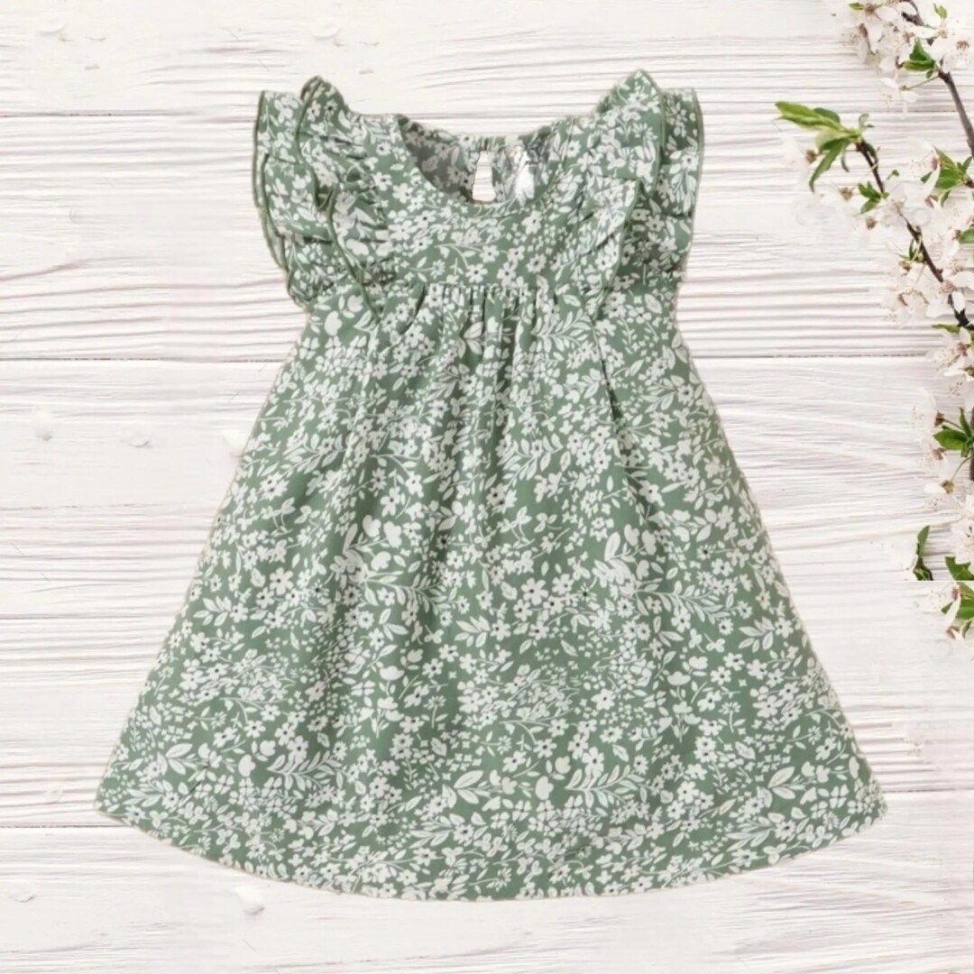 Baby Toddler Girls Floral Print Dress, Girls Easter Dress, Olive Green Short Sleeve Dress, Spring... | Etsy (US)