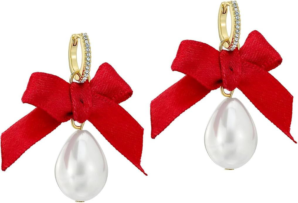 Ted Baker London Riyya Ribbon Bow Pearl Drop Huggie Earrings (Gold/Ruby & Crystal) | Amazon (US)