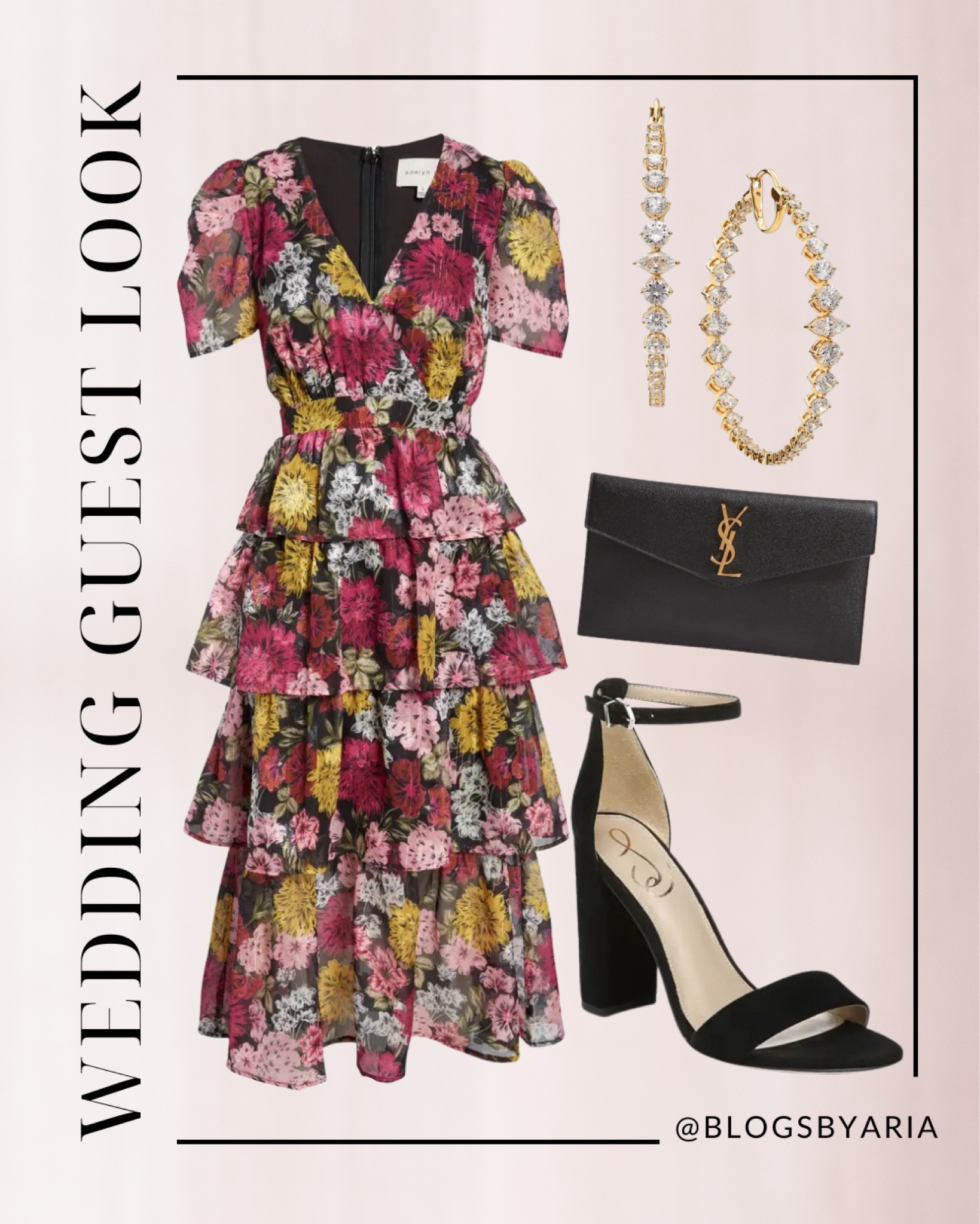 Wedding guest dress. Floral tiered dress, ysl clutch, heeled sandals, hoop earrings 

#LTKitbag #LTKwedding #LTKstyletip