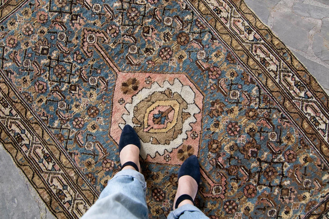 Antique 3’11” x 6’ Rug Medallion Geometric Floral Blue Brown Hand Knotted Wool Rug 1900s - ... | Etsy (US)