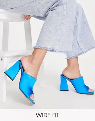 ASOS DESIGN Wide Fit Nyla heeled mules in blue satin | ASOS (Global)