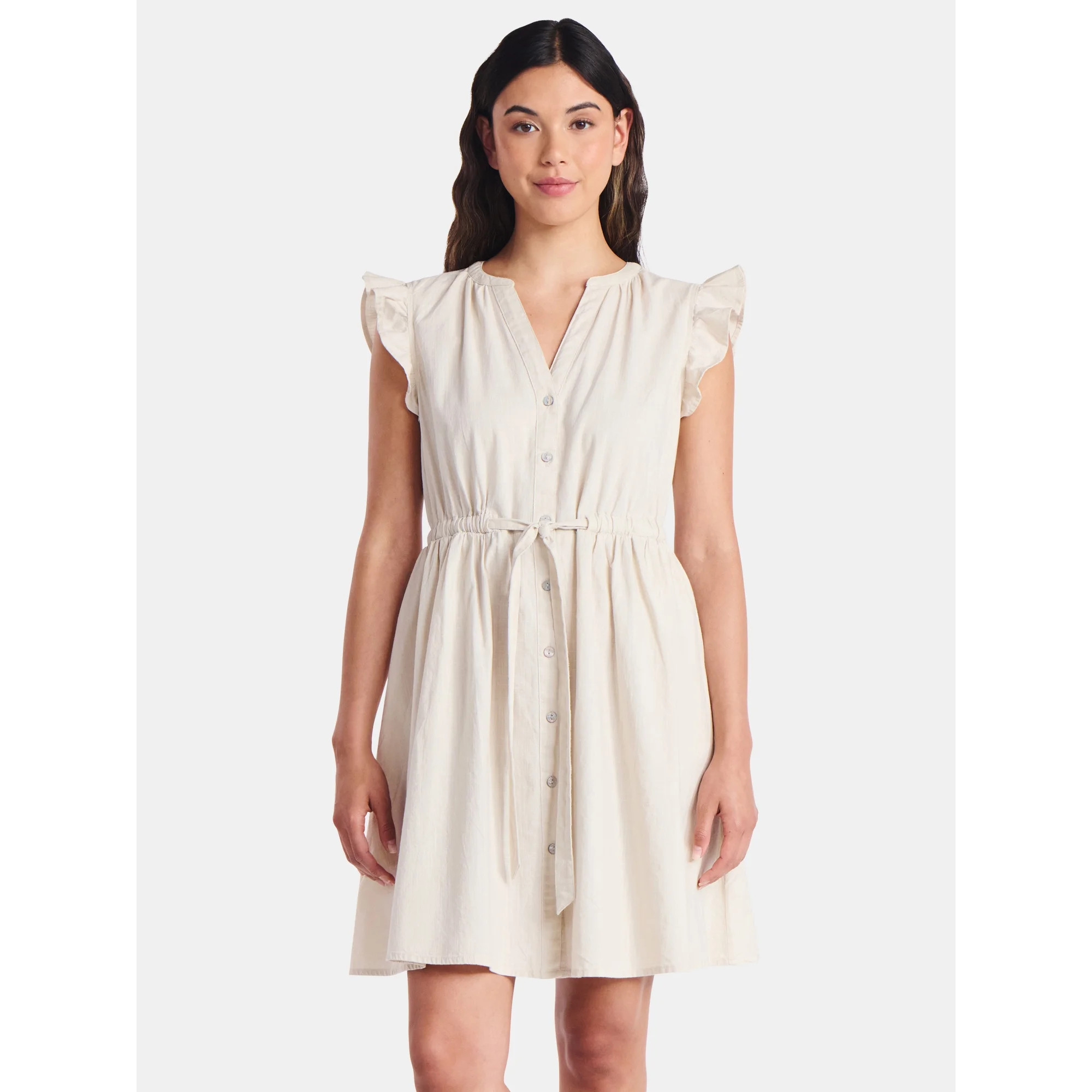 Time and Tru Women's and Women's Plus Button Front Cotton Mini Dress with Flutter Sleeves, Sizes ... | Walmart (US)